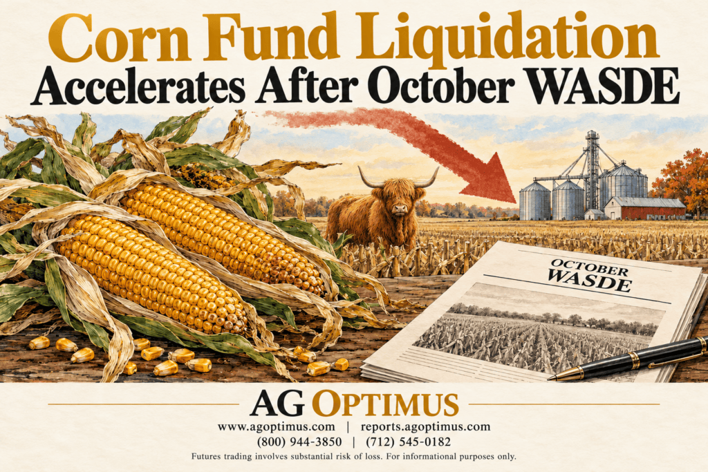 Hand-drawn farm ledger with corn, soybeans, wheat sheaf, cattle and grain bins — October 2026 grain and livestock market report