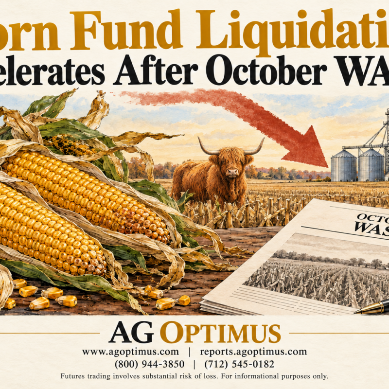 Hand-drawn farm ledger with corn, soybeans, wheat sheaf, cattle and grain bins — October 2026 grain and livestock market report