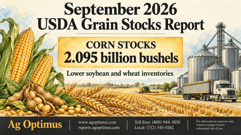 September 2026 USDA Grain Stocks report showing corn stocks at 2.095 billion bushels against lower soybean and wheat inventories