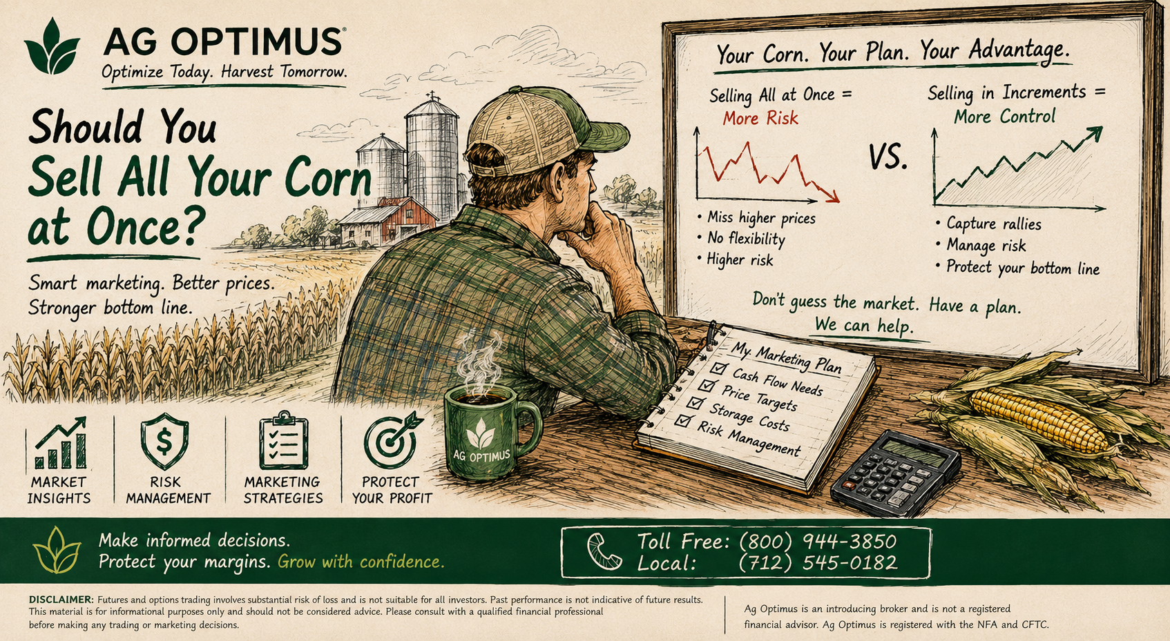 Illustration of a corn farmer comparing selling all corn at once versus incremental grain marketing to manage price risk and protect profits.
