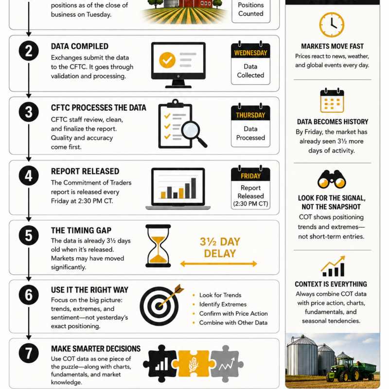 COT report timing gap infographic explaining the Tuesday-to-Friday reporting delay and how farmers can use Commitment of Traders data for grain marketing decisions.