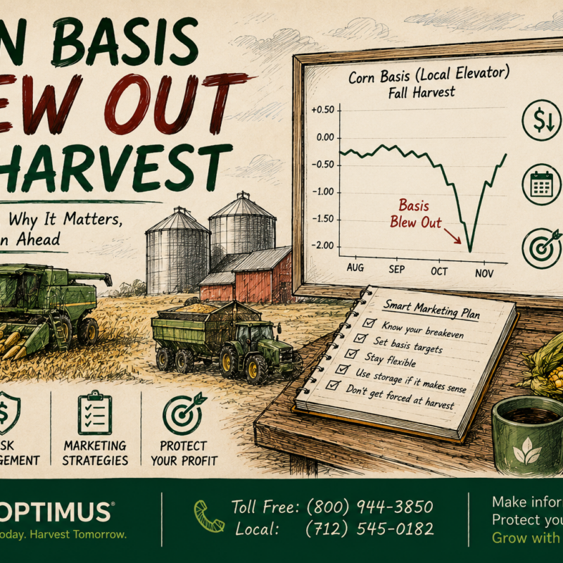 Illustration of corn harvest showing a combine, grain cart, and chart explaining how corn basis widened at harvest and why a grain marketing plan helps manage price risk