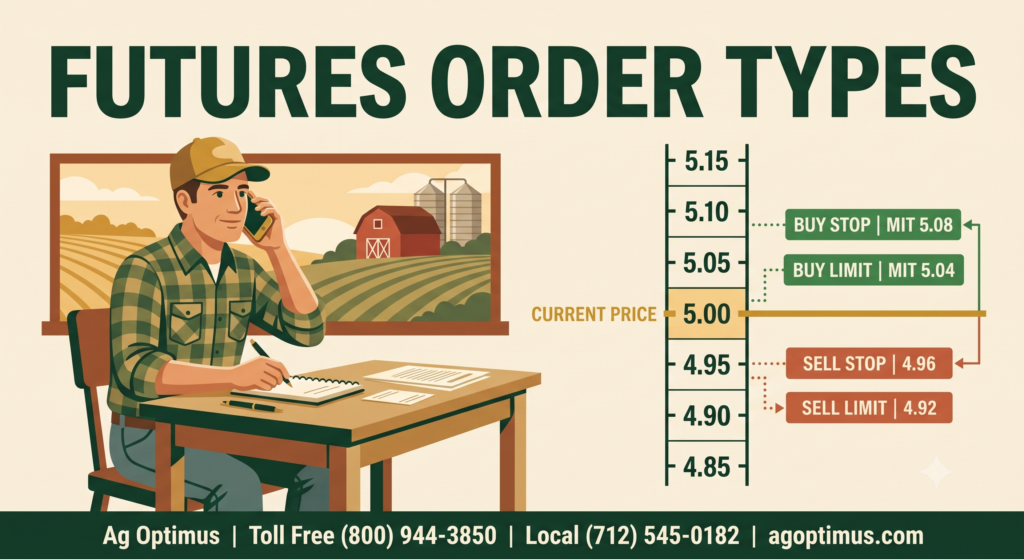 Futures order types: farmer calling in a hedge order with market, limit, and stop levels on a price ladder