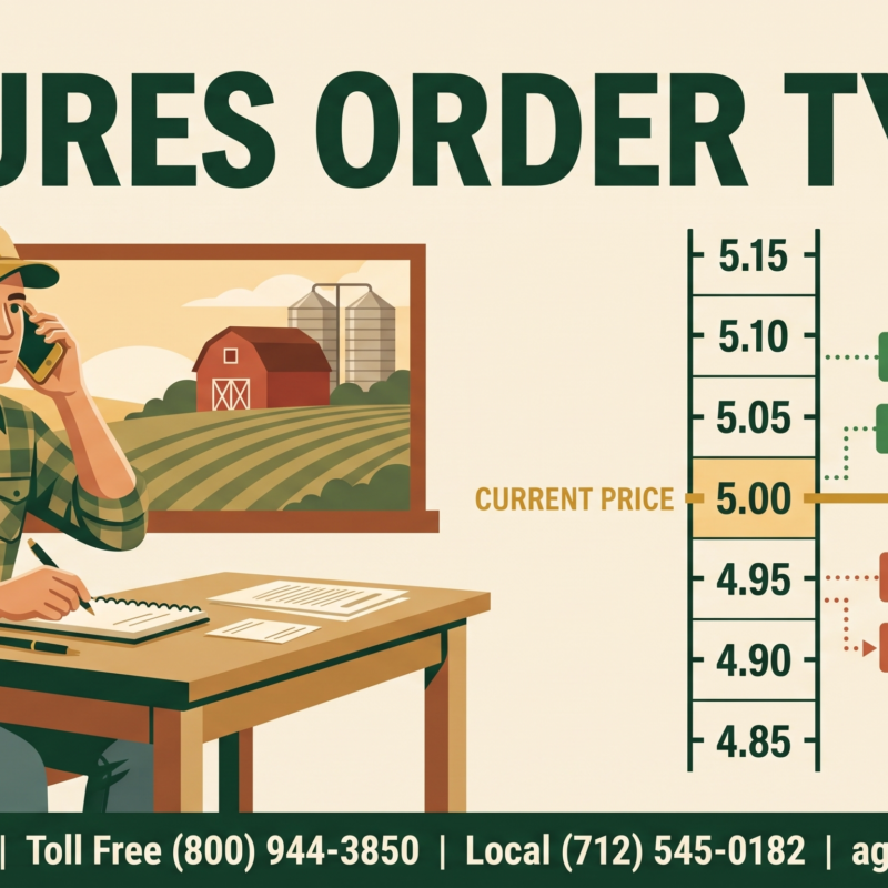 Futures order types: farmer calling in a hedge order with market, limit, and stop levels on a price ladder