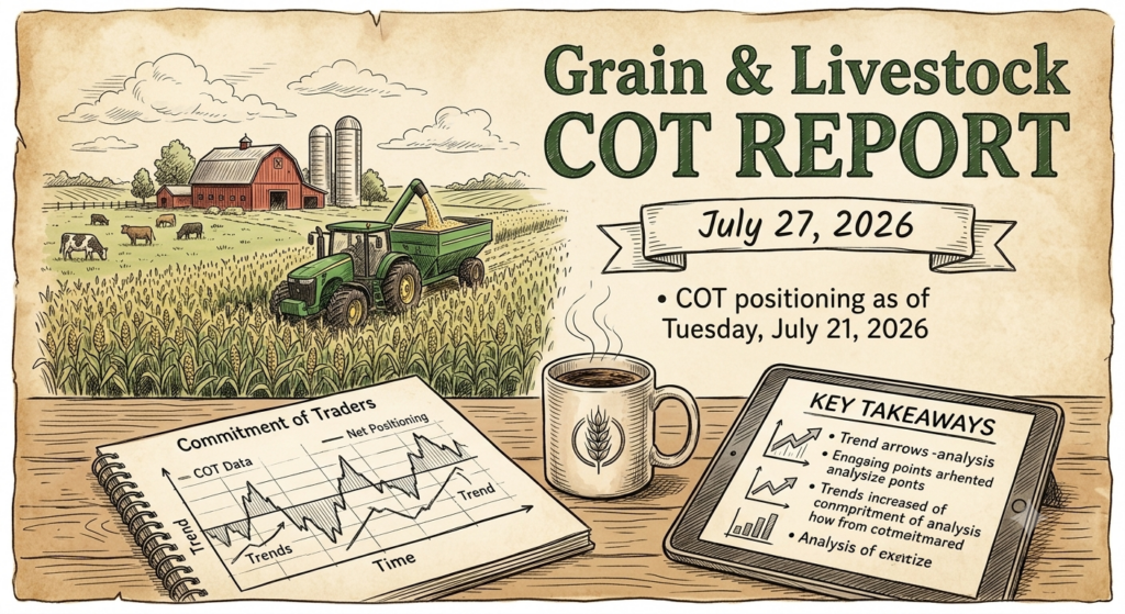 Vintage illustrated title graphic for the Grain & Livestock COT Report for July 27, 2026. The hand-drawn farm scene features a tractor harvesting corn, cattle grazing, and a desk displaying a Commitment of Traders chart for agricultural futures positioning.