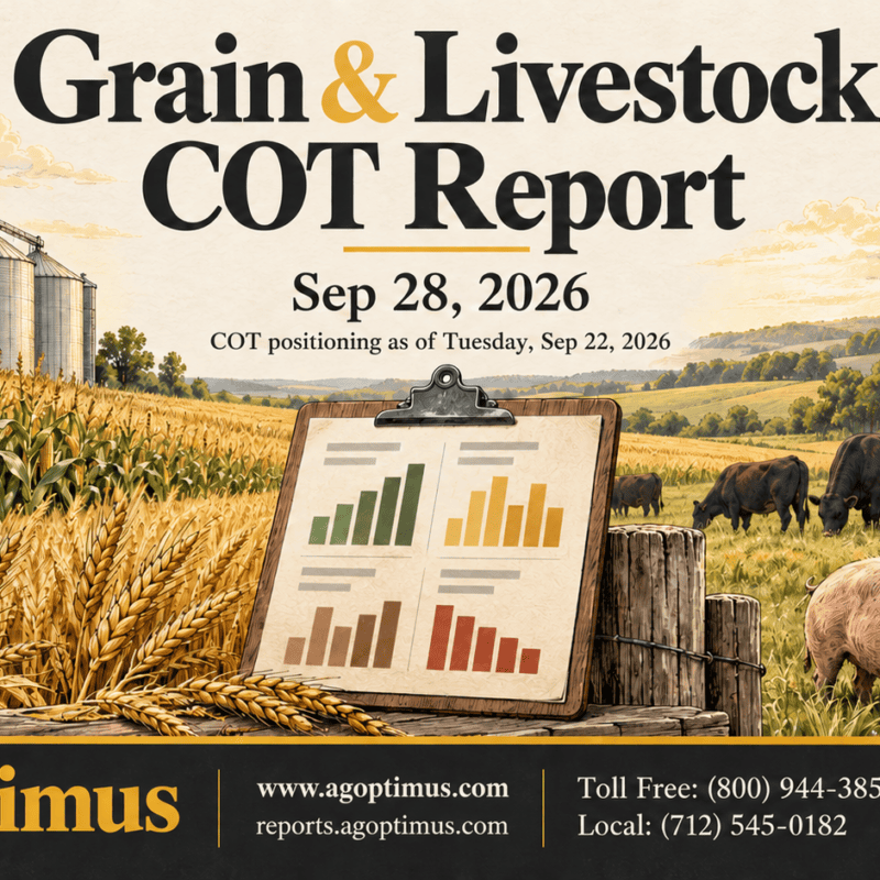 Illustrated farm scene with grain bins, a corn and wheat field, cattle and hogs, and a clipboard showing four positioning charts