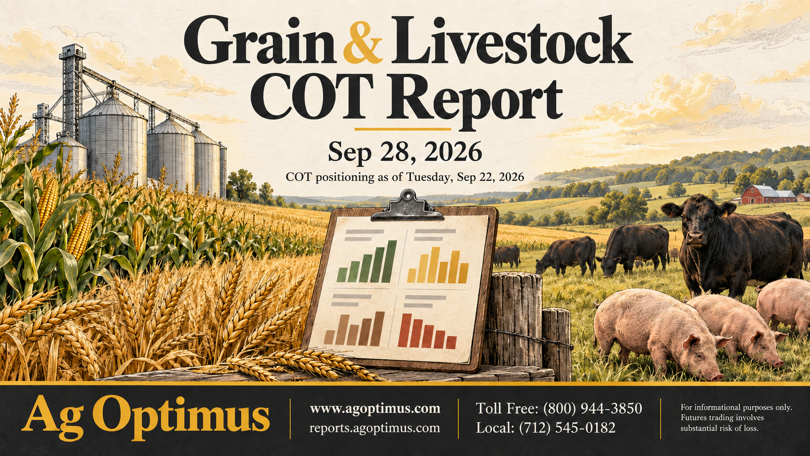 Illustrated farm scene with grain bins, a corn and wheat field, cattle and hogs, and a clipboard showing four positioning charts