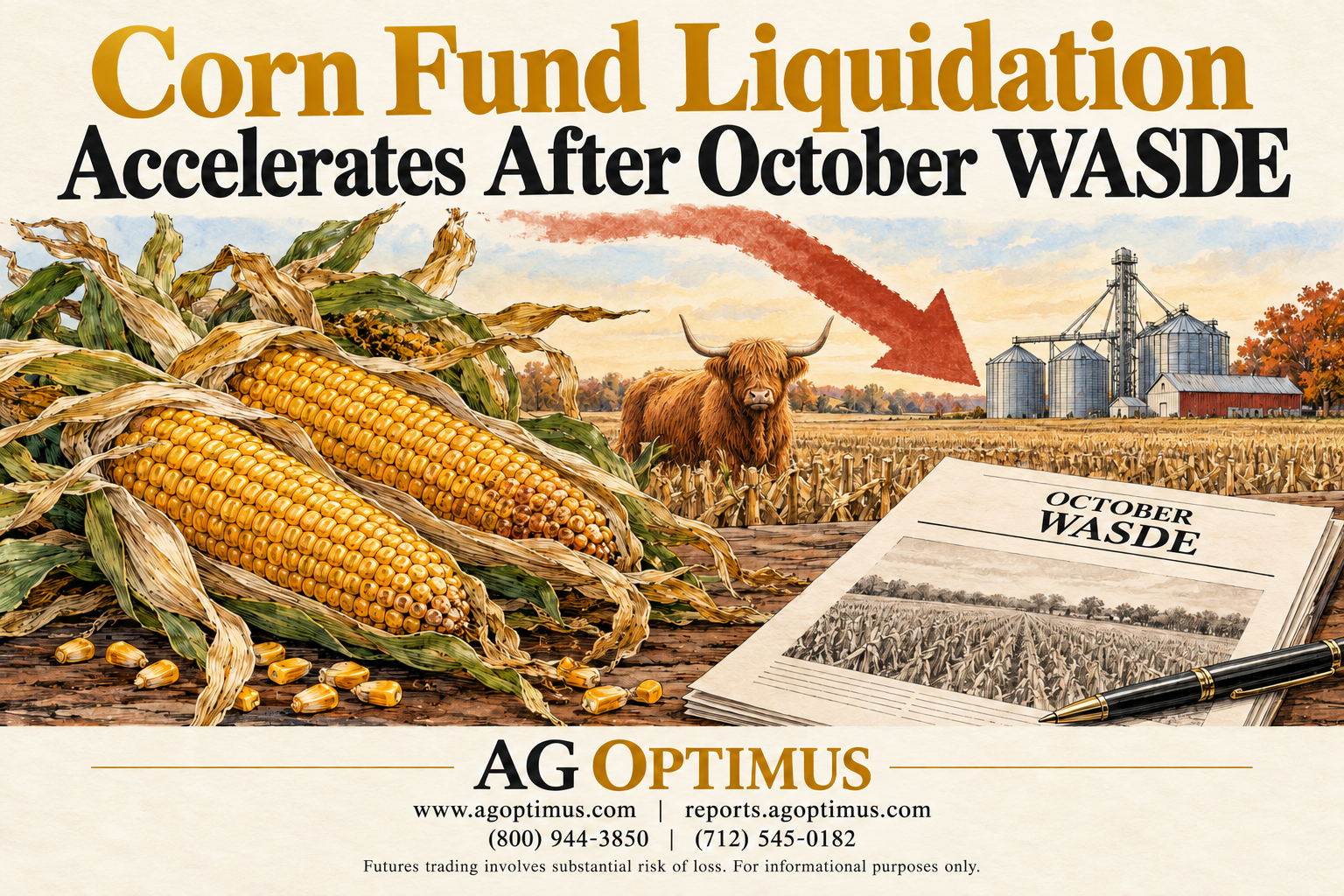 Hand-drawn farm ledger with corn, soybeans, wheat sheaf, cattle and grain bins — October 2026 grain and livestock market report