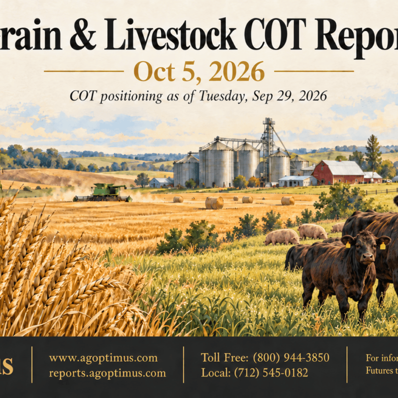 Grain and livestock COT report October 5 2026 showing managed money and commercial positioning across six markets