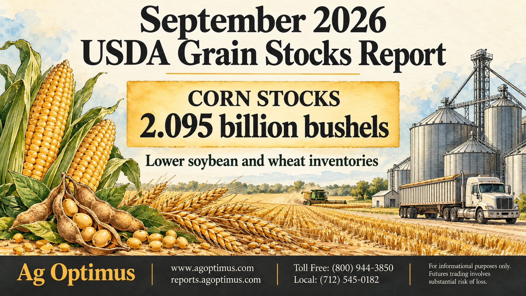 September 2026 USDA Grain Stocks report showing corn stocks at 2.095 billion bushels against lower soybean and wheat inventories