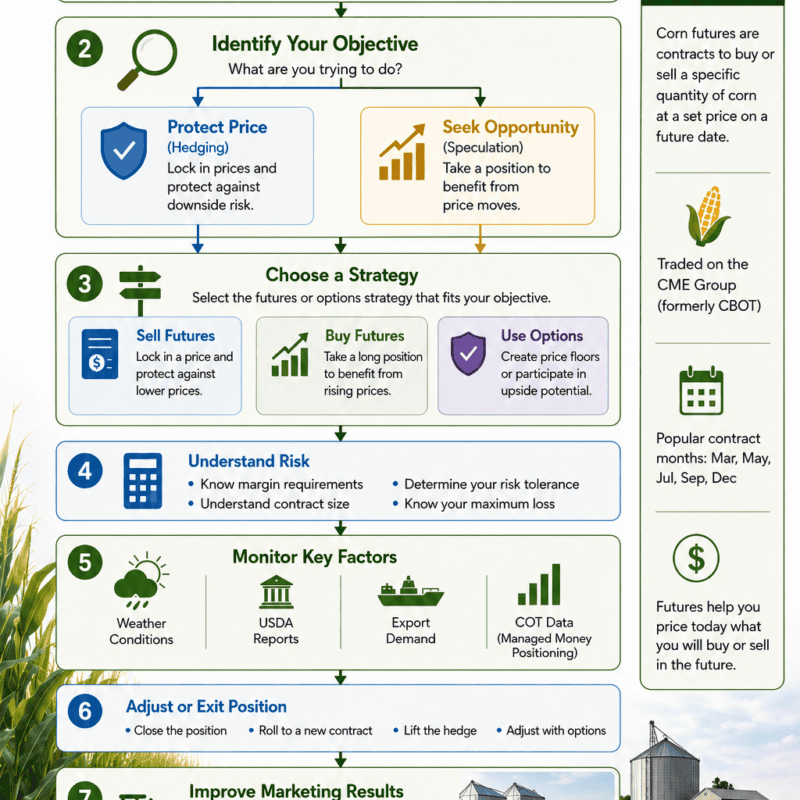Step-by-step infographic explaining how farmers use corn futures and options to manage price risk, choose trading strategies, monitor market conditions, and improve grain marketing results.
