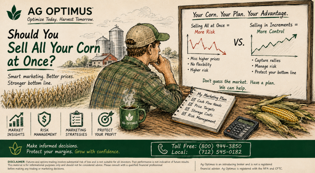 Illustration of a corn farmer comparing selling all corn at once versus incremental grain marketing to manage price risk and protect profits.