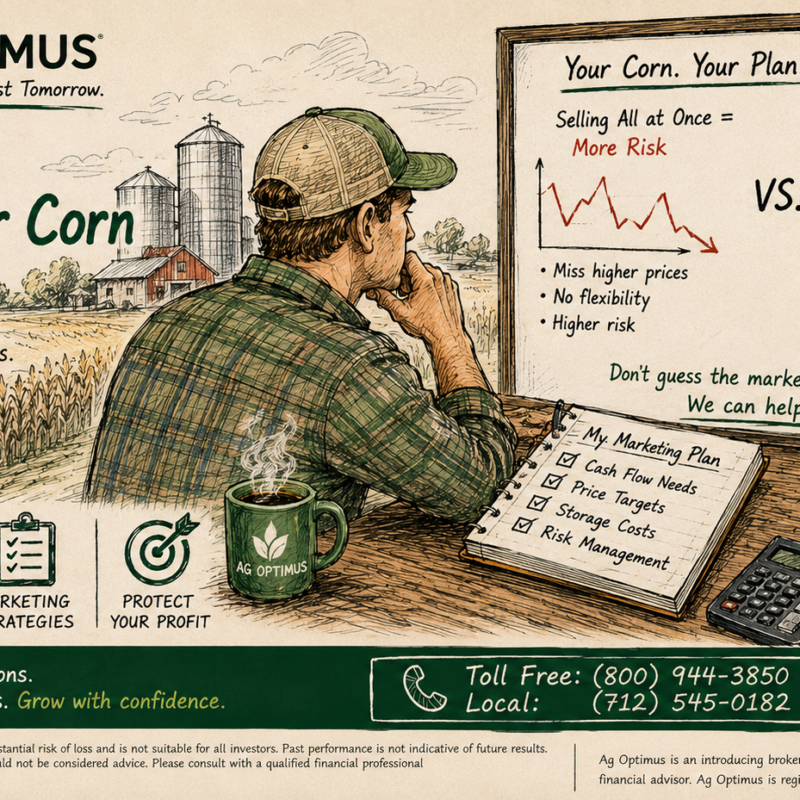 Illustration of a corn farmer comparing selling all corn at once versus incremental grain marketing to manage price risk and protect profits.