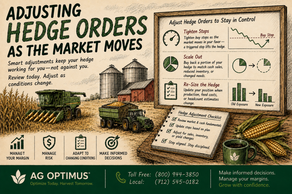 Adjusting hedge orders infographic: tighten stops, scale out, and re-size the hedge as the market moves