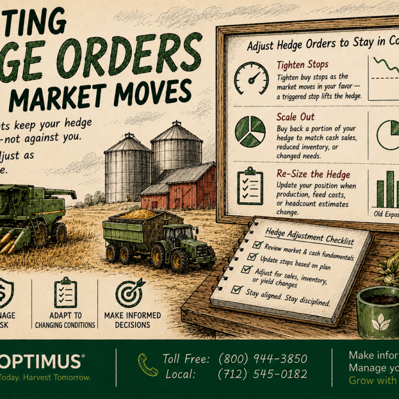 Adjusting hedge orders infographic: tighten stops, scale out, and re-size the hedge as the market moves