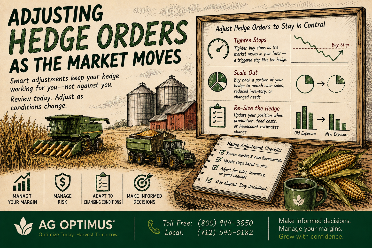 Adjusting hedge orders infographic: tighten stops, scale out, and re-size the hedge as the market moves