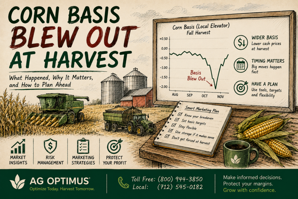Illustration of corn harvest showing a combine, grain cart, and chart explaining how corn basis widened at harvest and why a grain marketing plan helps manage price risk