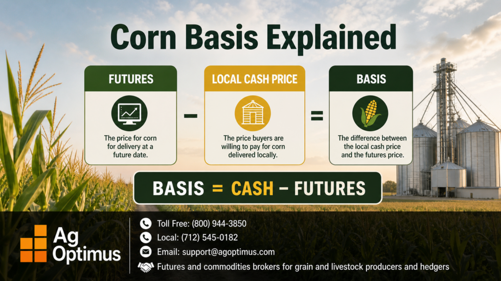 Ag Optimus corn basis infographic explaining futures price, local cash price, and basis, with company logo and contact details
