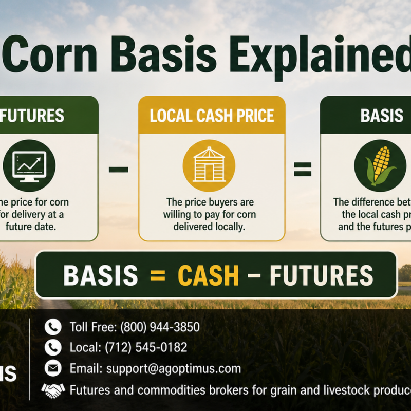 Ag Optimus corn basis infographic explaining futures price, local cash price, and basis, with company logo and contact details