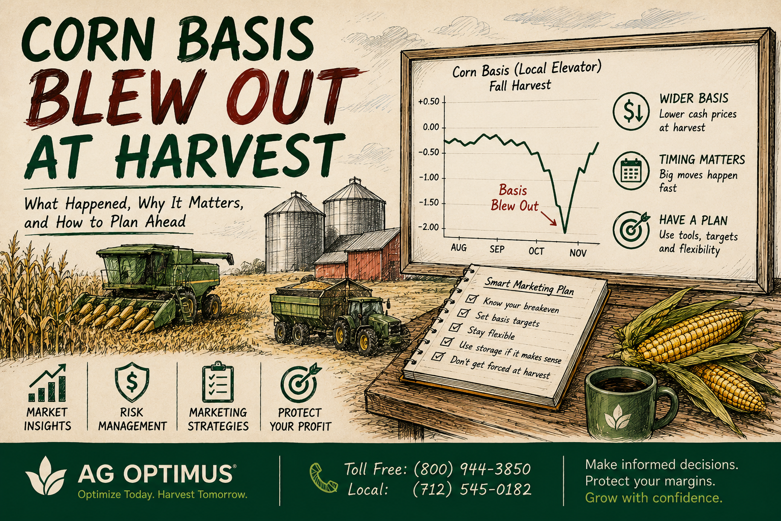 Illustration of corn harvest showing a combine, grain cart, and chart explaining how corn basis widened at harvest and why a grain marketing plan helps manage price risk