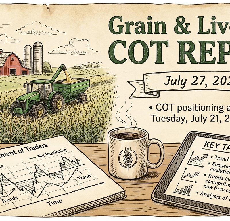 Vintage illustrated title graphic for the Grain & Livestock COT Report for July 27, 2026. The hand-drawn farm scene features a tractor harvesting corn, cattle grazing, and a desk displaying a Commitment of Traders chart for agricultural futures positioning.