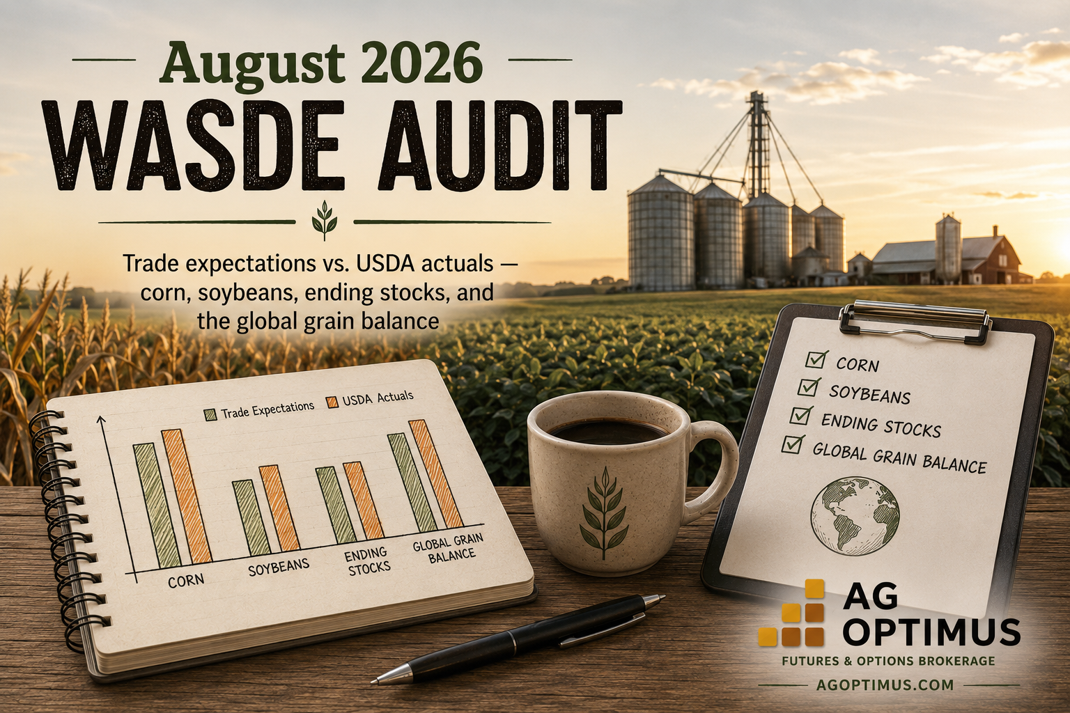 August 2026 WASDE audit comparing corn, soybean and wheat trade estimates with USDA actuals