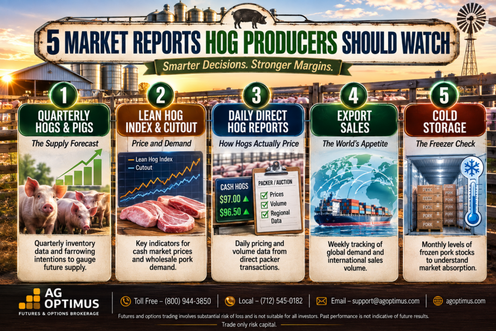 Five market reports hog producers should watch: Quarterly Hogs and Pigs, Lean Hog Index and Cutout, Daily Direct Hog Reports, Export Sales, and Cold Storage