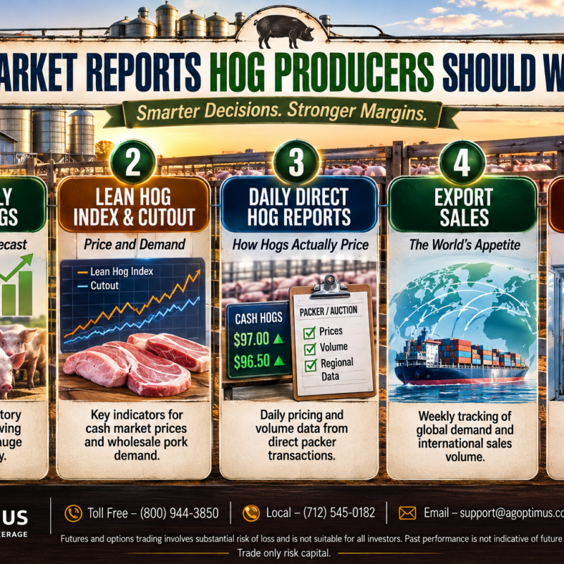 Five market reports hog producers should watch: Quarterly Hogs and Pigs, Lean Hog Index and Cutout, Daily Direct Hog Reports, Export Sales, and Cold Storage