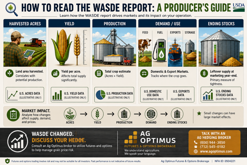 WASDE report guide explaining harvested acres, yield, crop production, demand, ending stocks, and grain hedging with Ag Optimus