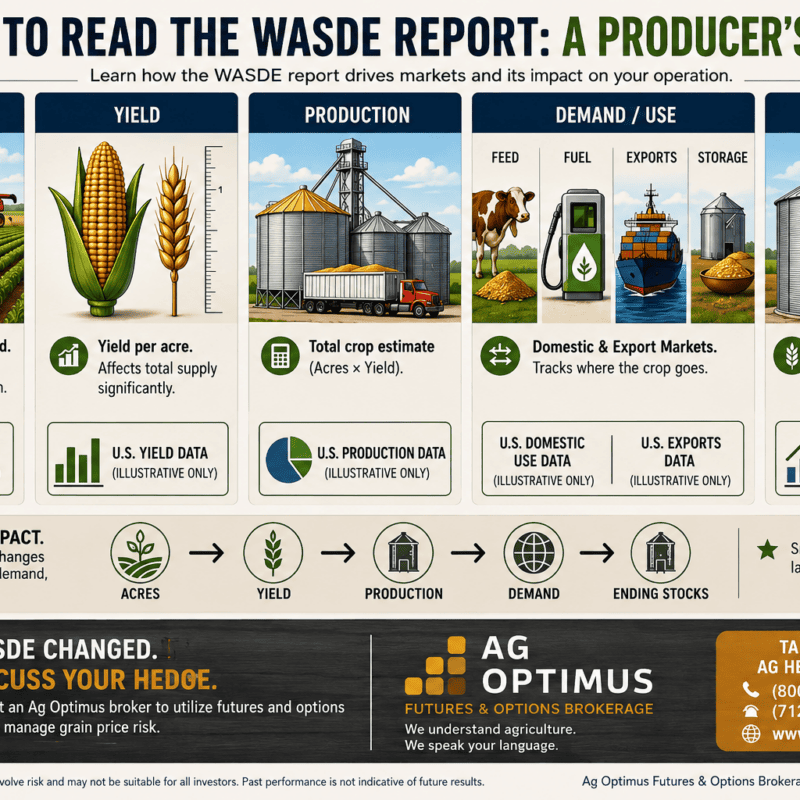 WASDE report guide explaining harvested acres, yield, crop production, demand, ending stocks, and grain hedging with Ag Optimus