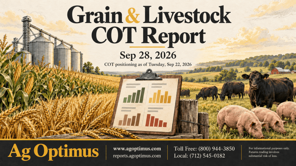 Illustrated farm scene with grain bins, a corn and wheat field, cattle and hogs, and a clipboard showing four positioning charts
