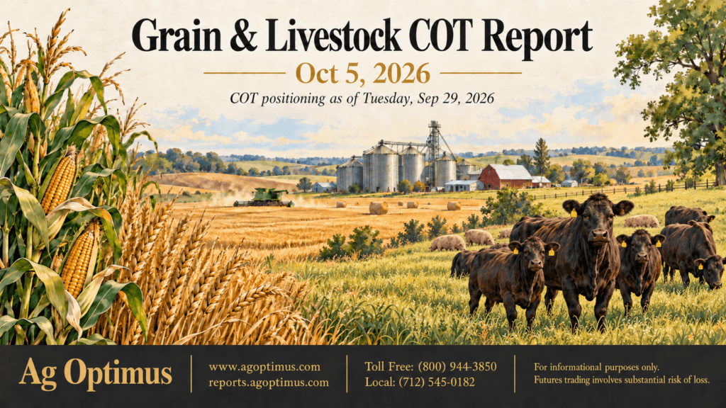 Grain and livestock COT report October 5 2026 showing managed money and commercial positioning across six markets